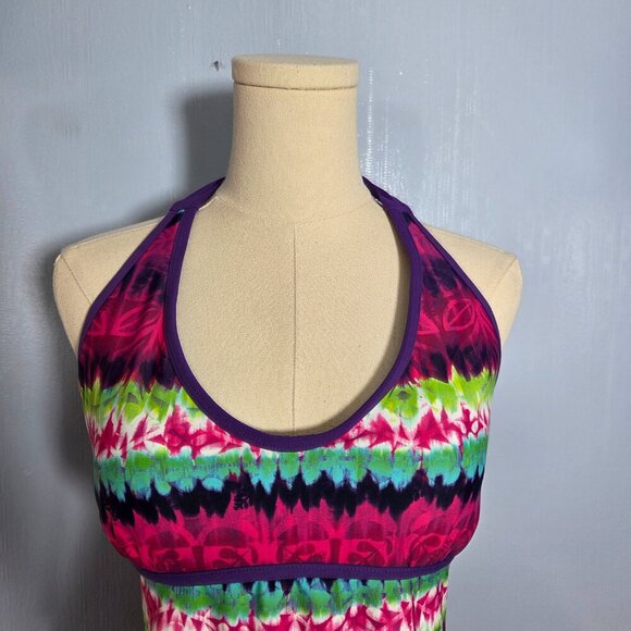 Athleta LT Pink Green Striped Floral Halter Tie Open Back Bathing Suit Top - Picture 2 of 10